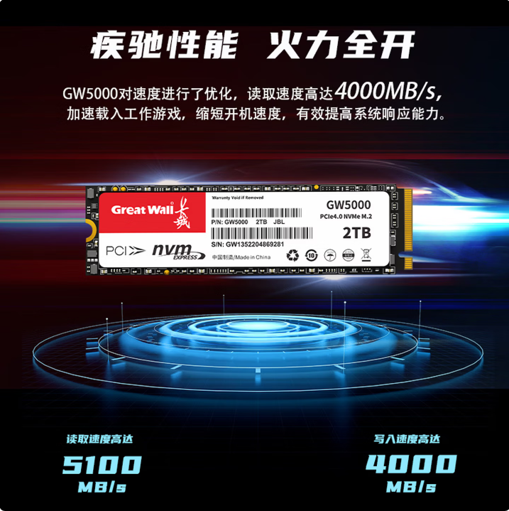 长城（Great Wall）1TB SSD固态硬盘 M.2接口(NVMe协议) PCIe4.0x4 GW5000系列